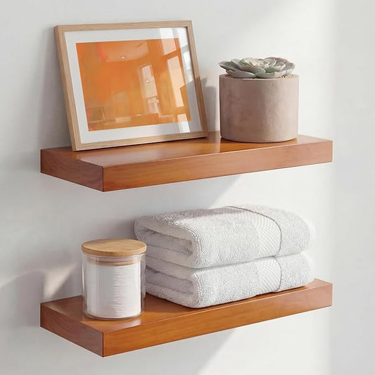 Homeforia 16 inch Oak Floating Shelf, High End Solid Real Wood 16inch Small Floating Shelves for Wall Mounted, Honey Oak Wooden 16in Floating Shelves, Heavy Duty Bracket, 16 X 6.5 X 1.75 in, Set of 4