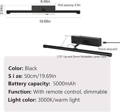 Picture Light for Wall Battery Operated, 20" Rechargeable Art Light with Remote and Timer for Painting, 9000mAh Wireless Wall Light for Display, Artwork, Portrait, Gallery, Black