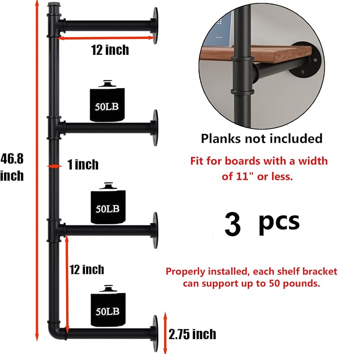 Industrial Pipe Shelf Brackets Wall Mount, Open Black Pipe Shelving for Kitchen,Floating Shelf Brackets Mount,Open Bookshelf Brackets for Shelves,Wall Shelves 12 Inch Deep,(2PcsX3Tier,47