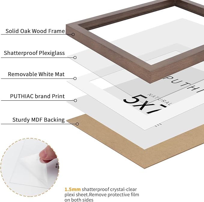 puthiac 5x7 Solid Oak Wood Picture Frame, Fits 4x6 with Mat or 5x7 Without Mat, Wall or Tabletop Display with Stand, Vertical or Horizontal, Plexi Front, 3 Pack, Walnut