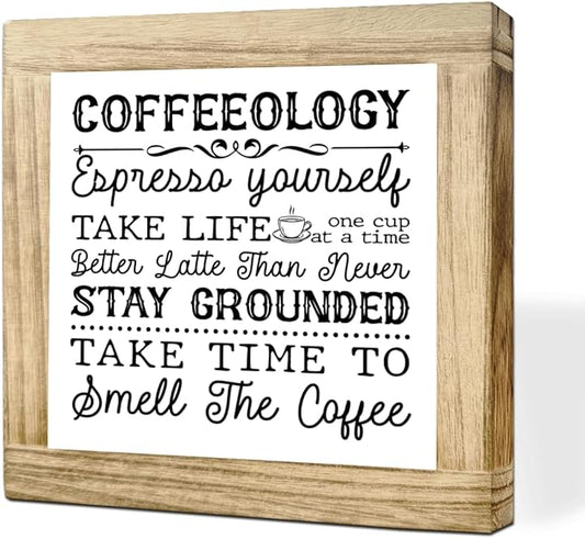Coffees Decor Sign Coffeeology Wood Decoration Sign Farmhouse Cafe Signs Funny Coffee Bar Accessories Wall Decor for Kitchen Home Office Bar Coffees Lover Gifts for Women Men 5.9x5.9 Inch