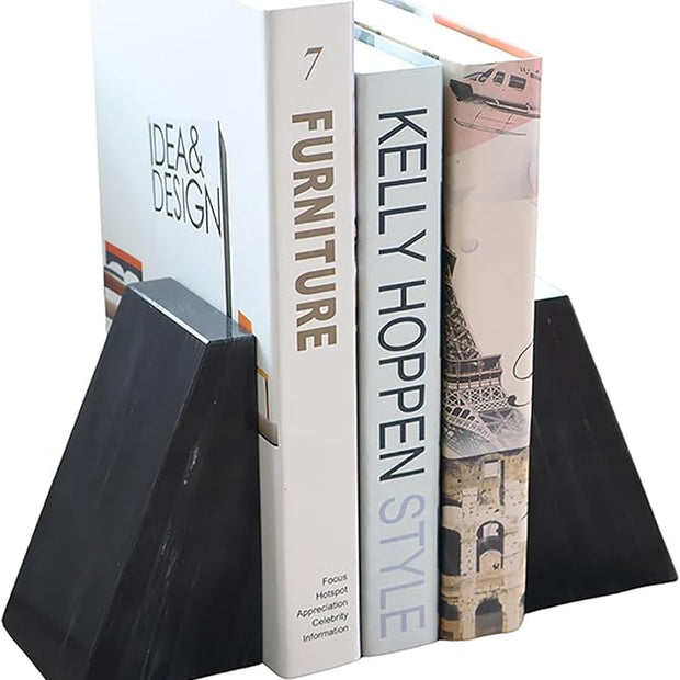Fox Run 100% Natural Polished Marble Bookends, Black, Set of 2, Smaller Triangular