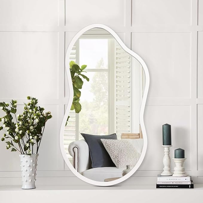 AAZZKANG Small Wall Mirror with Irregular Wood Framed Decorative White Mirrors for Bedroom Dressing Room Living Room Bathroom Entryway