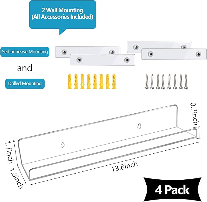 evron Acrylic Floating Shelves – 4-Pack Clear Wall Shelf for Bathroom, Bedroom, or Kitchen – Easy Installation with Adhesive (No-Drill) or Screws (Drill Required) – 13.8
