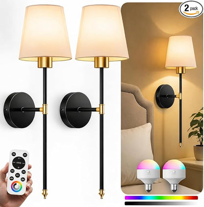 Wall Sconces Battery Operated Set of 2, Rechargeable Wall Sconce, 10 Colors Wireless Wall Sconces Set of Two, 5200mAh Dimmable Bulbs and Remote, for Bedroom Living Room, Hallway (Gold-Black - 24 inch)