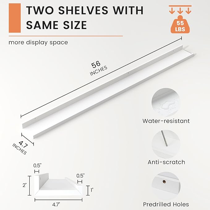 Picture Ledge Shelf, Floating Shelves Set of 2, 56 Inches Long Large Nursery Book Shelves for Toys Storage, Kids Bookshelf Wall Mounted for Living Room Bedroom Decor Books Photo Frames, White