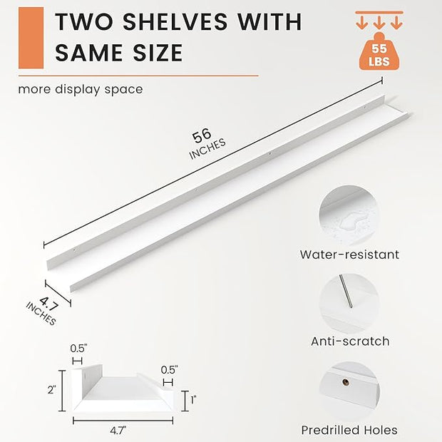 Picture Ledge Shelf, Floating Shelves Set of 2, 56 Inches Long Large Nursery Book Shelves for Toys Storage, Kids Bookshelf Wall Mounted for Living Room Bedroom Decor Books Photo Frames, White