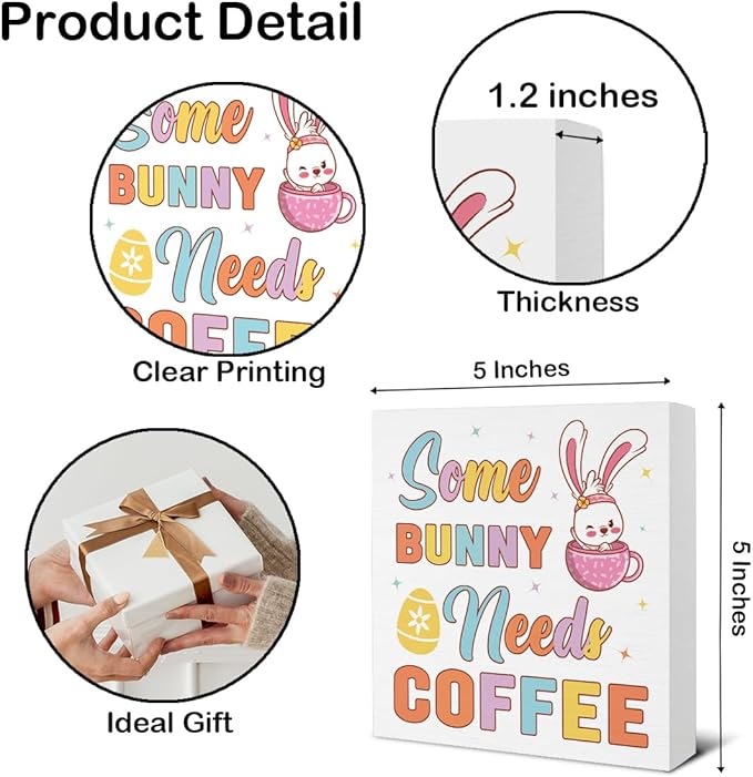 Easter Decor - Easter Decorations - Some Bunny Needs Coffee Wooden Sign Home Kitchen Coffee Bar Desk Table Shelf Decor - 5 x 5 Inches