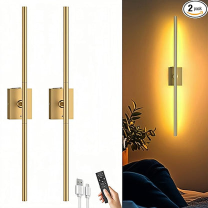 Battery Operated Wall Sconces Set of Two: Dimmable Wireless Wall Lights with Remote, 31-inch LED Rechargeable Sconces, 360° Lighting Wall Scone Decor for TV, Mirror, Bedroom, Living Room(Gold)