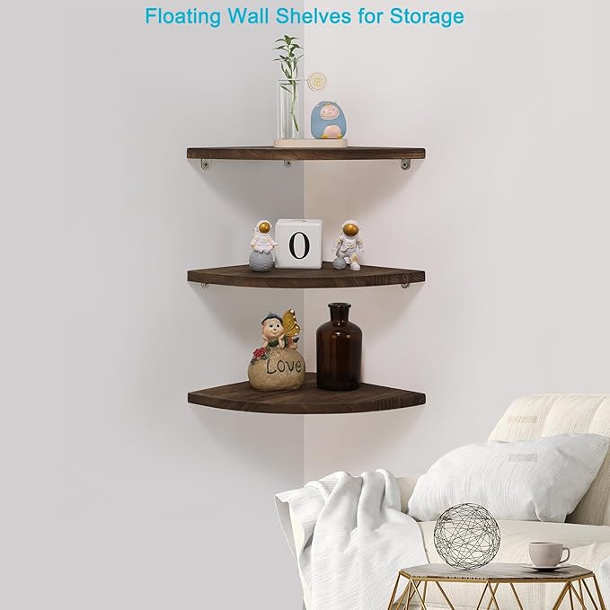 Joiishom Shelves 3, Rustic Wood Corner Wall Mount, 10x10x0.7 inches, 42 pounds Capacity