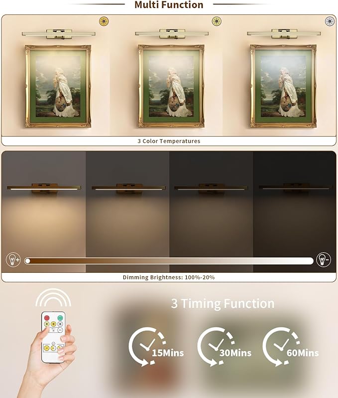 Wireless Picture Light Battery Operated with Remote LED Art Lights for Paintings Rechargeable Dimmable 15.7" Brass Lights Over Pictures on Wall Gold with Swing Arm for Display