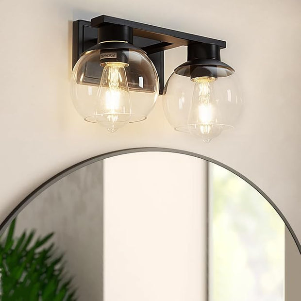 PAZALA 2-Lights Black Bathroom Vanity Lights, Modern Bathroom Lighting Fixtures with Globe Glass Shade, 14in Matte Black Wall Lamp for Bath Over Mirror Kitchen Living Room Hallway Cabinet Porch