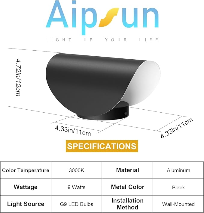 Aipsun Black Modern LED Wall Sconce Indoor Wall Lights 2 Packs Hardwired Up and Down Wall Mount Light for Living Room Bedroom Hallway Corridor Conservatory Warm White 3000K(with G9 Bulbs)