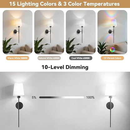 25.6 inch Battery Operated Wall Sconces Set of 2, Wireless Wall Lights with Rechargeable Bulbs & Remote, 15 Colors & Dimmable, Battery Powered Wall Lights for Bedroom, Living Room,Hallway,Black