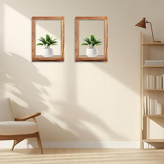 2 Pack Wooden Shelves, Farmhouse Wall Decor, Rustic Wooden Framed Wall Art for Living Room, Bathroom, Bedroom - Modern Decorative Shelf for Plants & Photos
