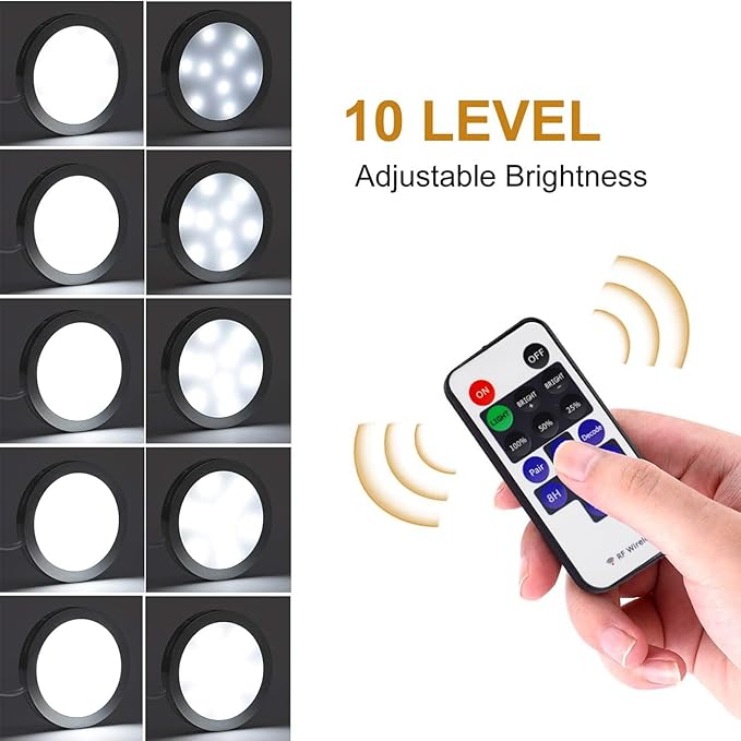 AIBOO Kitchen Under Cabinet Lighting LED 12Vdc 8 Pack Black Cord Aluminum Puck Lights for Counter Closet Furniture Shelf Lighting Dimmable with RF Wireless Remote Control(6000K Daylight White)