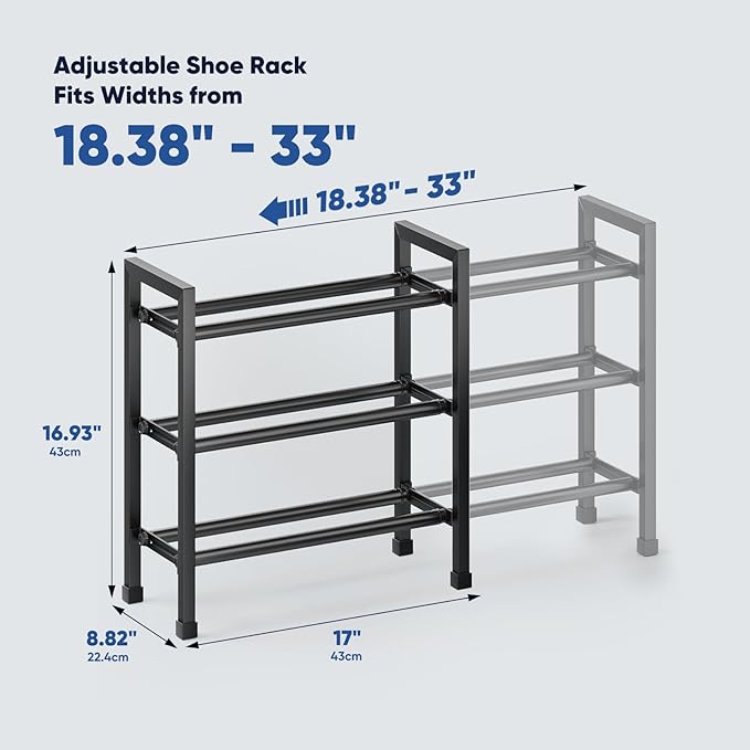 Abiglifty 3-Tier Expandable Shoe Rack,17"-33" Adjustable Shoe Rack for Closet,Metal Shoes Shelves for Front Door Entrance, Garage & Corridor, Free Standing Shoe Holders, Easy to Assemble,Black