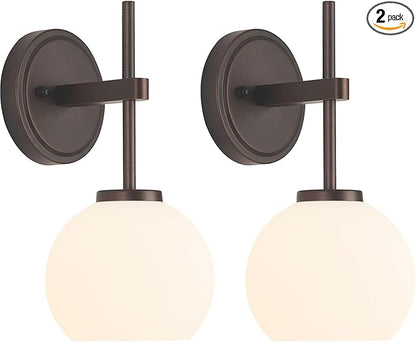 Oil Rubbed Bronze Wireless Rechargeable Wall Sconces Set of 2, Battery Operated Wall Lights with Remote Control, LED Dimmable Wall Lamp with Opal White Glass Shade, 12 Colors RGB & 3 CCT Bulb