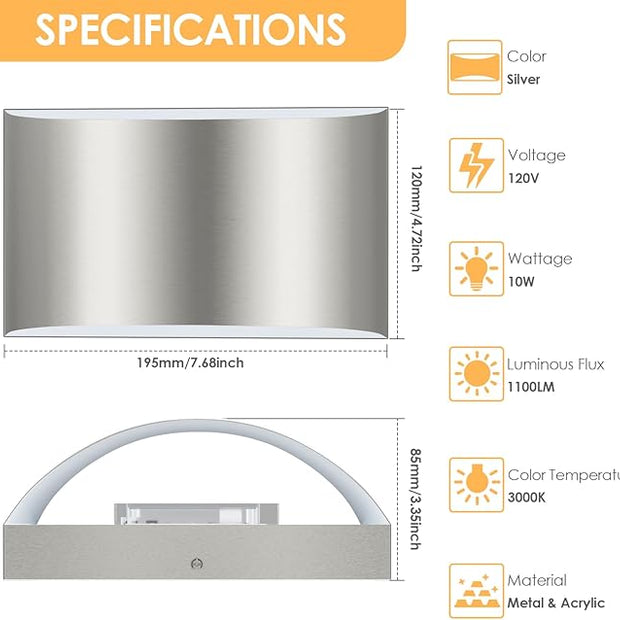 FOLKSMATE Modern LED Wall Sconces, 3000K Warm White Wall Lights Set of 2, 10W Up and Down Mount Light, Sliver Hardwired Indoor Sconces Lighting Lamp for Bedroom Bedside Hallway Living Room