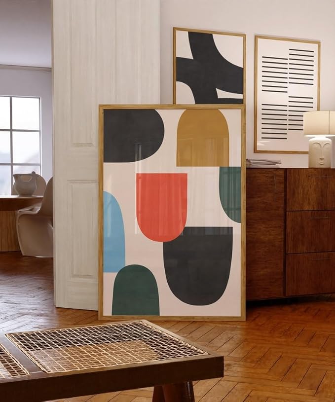 Nationcog Colorful Mid Century Wall Art, Minimalist Abstract Geometric Poster with Red Blue Green Beige Tones, Modern Contemporary Decor for Living Room or Office (Unframed) (16x24)