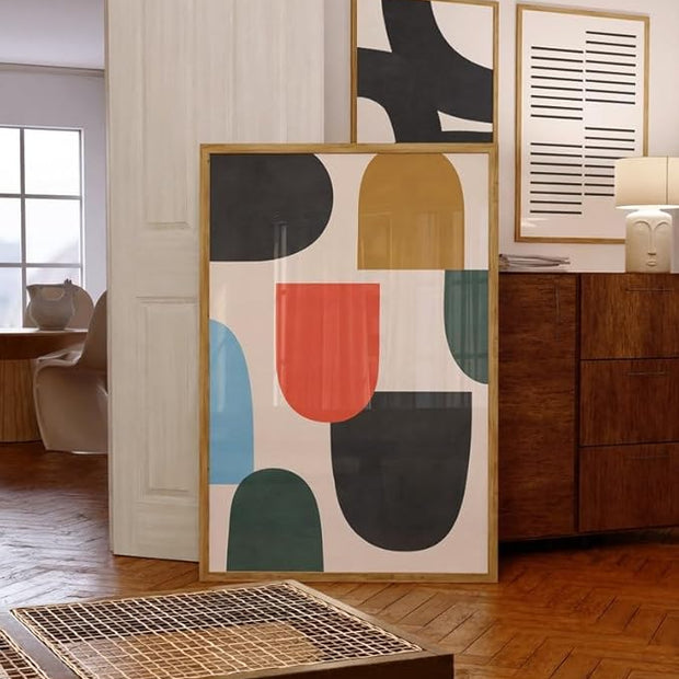 Nationcog Colorful Mid Century Wall Art, Minimalist Abstract Geometric Poster with Red Blue Green Beige Tones, Modern Contemporary Decor for Living Room or Office (Unframed) (20x30)
