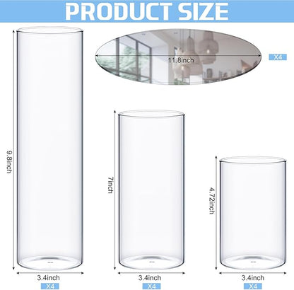 Sawysine 16 Pcs 3.4'' X 4.7", 7", 9.8" Round Glass Mirror Trays Glass Cylinder Vase Wedding Table Flower Vase with Mirror Set Table Centerpiece Decoration for Wedding Decor Craft Baby Shower
