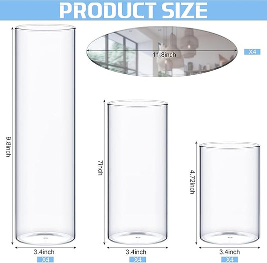 Sawysine 16 Pcs 3.4'' X 4.7", 7", 9.8" Round Glass Mirror Trays Glass Cylinder Vase Wedding Table Flower Vase with Mirror Set Table Centerpiece Decoration for Wedding Decor Craft Baby Shower