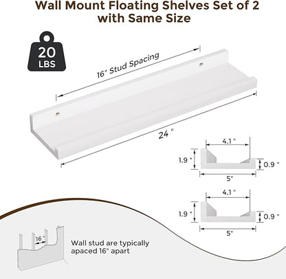 RICHFOCUS Floating Shelves for Wall, 24 inch Solid Wood Picture Ledge Shelf for Wall Storage, Nursery Book Shelves with Lip for Living Room Bathroom Bedroom Kitchen, Set of 2, Washed White