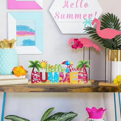 MEETYAMOR Summer Decor, Wood Metal Hello Sweet Summer Sign for Table Decor, Farmhouse Rustic Summer Decorations for Home, Office, Living Room, Kitchen, Mantel, Shelf