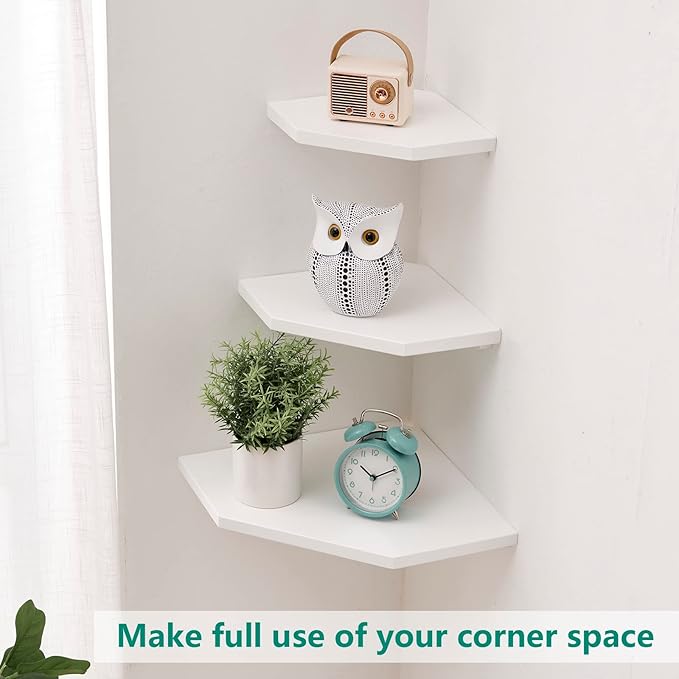 Corner Wall Shelf, Solid Oak Wood White Floating Corner Shelf Organizer with Wire Hole Small Plant Display for Kitchen Living Room Bedroom