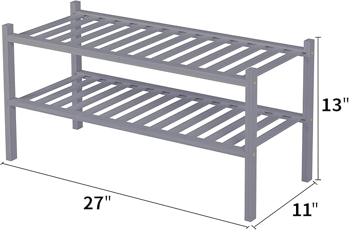 2 Tier Bamboo Shoe Rack for Closet Free Standing Wood Shoe Shelf for Entryway Small Space Stackable 27