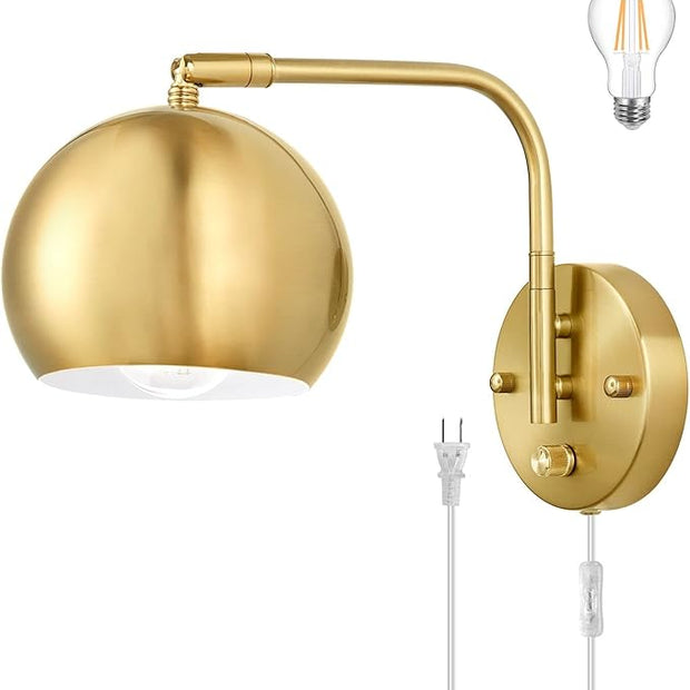 Plug in Dimmable Wall Sconce Swing Arm Wall Lights with Plug in Cord and Dimmer On/Off Knob Switch, Brushed Brass Globe Wall Light for Bedside Bedroom Bathroom(1 Bulb Included)