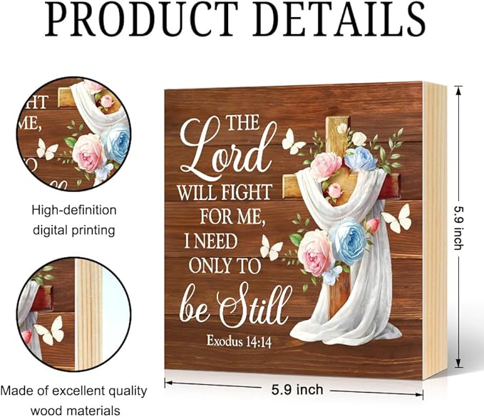 The Lord Will Fight for You Need Only To Be Still Wood Block Plaque Box Sign for Home Living Room Coffee House Bar Shelf Table Decoration, Exodus 14:14 Bible Verse Decor Gifts for Friends