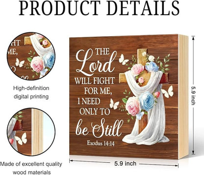 The Lord Will Fight for You Need Only To Be Still Wood Block Plaque Box Sign for Home Living Room Coffee House Bar Shelf Table Decoration, Exodus 14:14 Bible Verse Decor Gifts for Friends