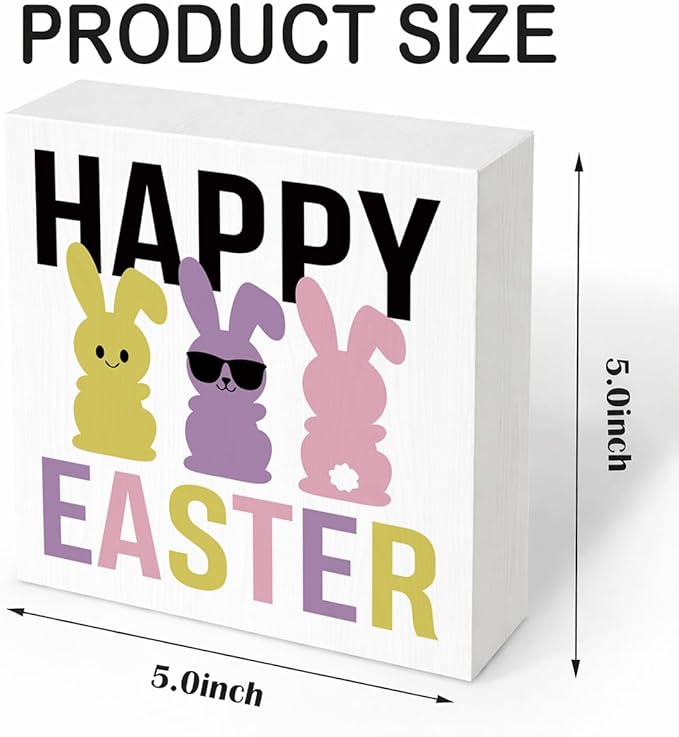 Easter Decorations for Home Happy Easter Bunny Wooden Box Sign, Funny Spring Desk Table Decor, Rustic Farmhouse Shelf Plaque, Easter Porch Party Decorations for Office Entryway Holiday Decor