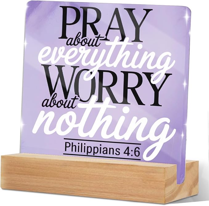 Purple Desk Decor For Bedroom Lavender Room & Office Desk Decor Pray About Everything Worry About Nothing Sign Prayer Room Sign Gifts for Women Acrylic Plaques With Wooden Stand Tabletop Decorations
