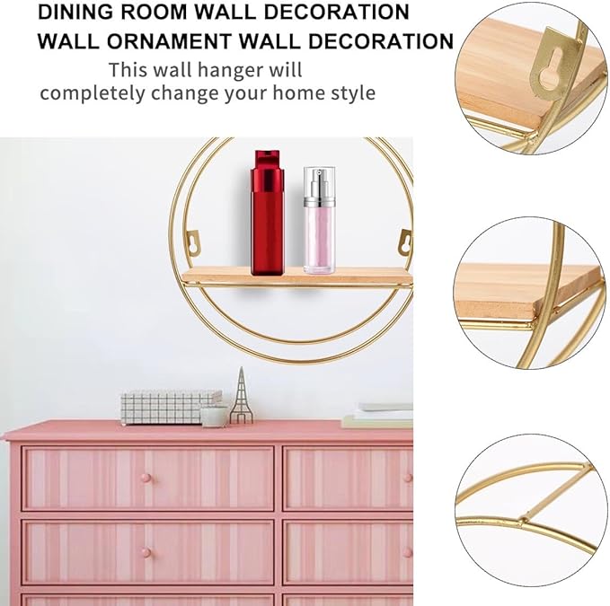ABOOFAN Round Wall Floating Shelves, 10'' Small Gold Metal Wire Geometric Circle Organizer Wall Shelf, Space-Saving Decorative Display Floating Rack for Living Room, Office