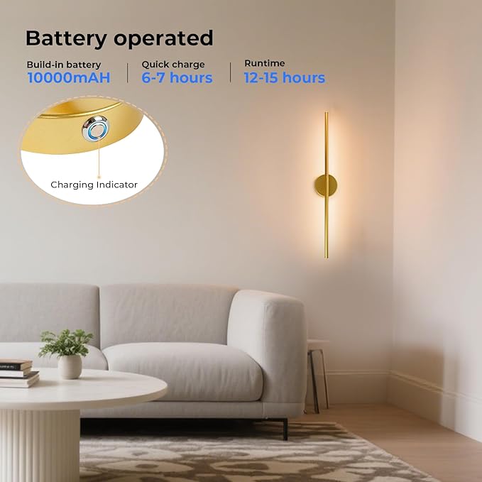1 Pack Battery Operated Wall Sconce Detachable 360°Rotate, Wireless Wall Light 3000-6500K Dimmable, 10000mAh Rechargeable Wall Lamp for Bedroom, Living Room，28.3 Inch Gold