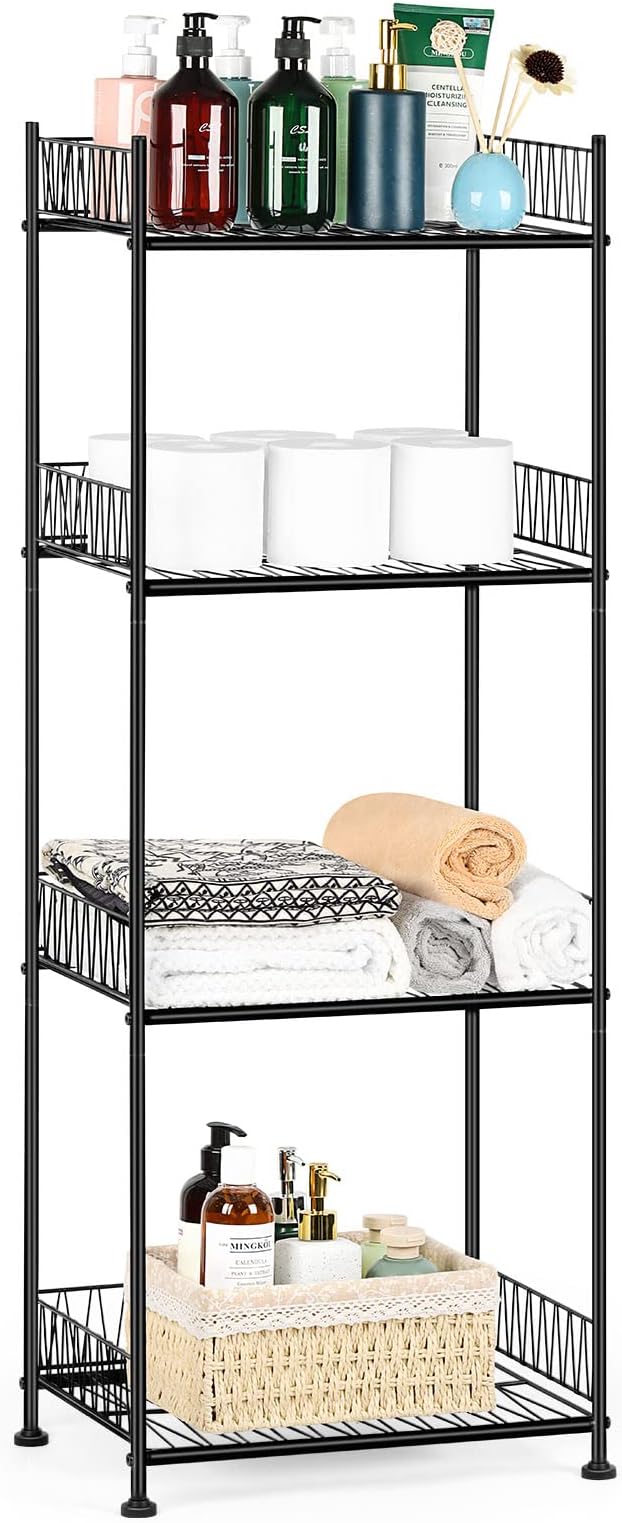 OYEAL Bathroom Shelves Freestanding Bathroom Towel Storage 4 Tier Wire Shelving Unit with Guard Bathroom Shelf Organizer Standing for Pantry Kitchen Laundry Room Organization, Black