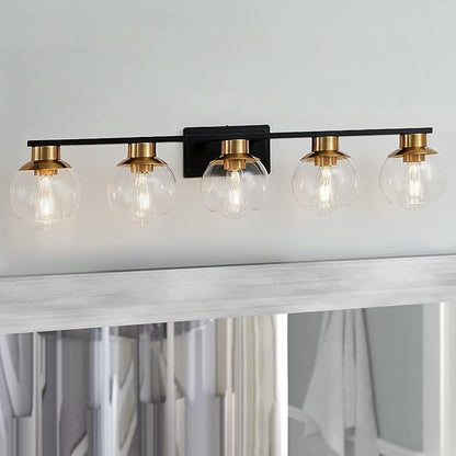 PAZALA Black Gold Bathroom Light Fixtures Over Mirror 5-Lights Vanity Light Wall Sconce with Globe Glass Shade, E26 Base, Perfect for Hallway Picture Wall Lighting Bathroom Bedroom Mirror Living Room