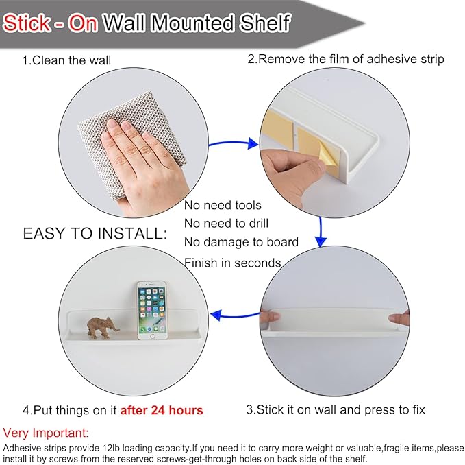 Stick On Small Wall Shelf,White Floating Shelves Wall Mounted - Adhesive Strips | Plastic Hanging Display Shelf for Bedroom,Kitchen,Living Room,Bathroom,Office (1Pcs/Set)