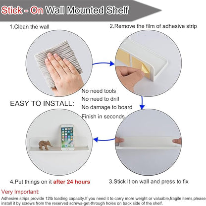 Stick On Small Wall Shelf,White Floating Shelves Wall Mounted - Adhesive Strips | Plastic Hanging Display Shelf for Bedroom,Kitchen,Living Room,Bathroom,Office (1Pcs/Set)
