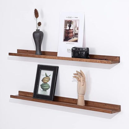 AZSKY 36 Inch Picture Ledge Shelf Rustic Wall Mount Light Walnut Long Narrow Picture Shelves Storage for Books Music Albums Green Plants-Photo Ledge Shelf Set of 3 Mounting Hardware Include