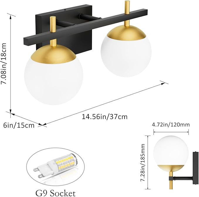 Ralbay 2-Light Black and Gold Bathroom Vanity Light Mid Century Modern Milky Glass Ball Wall Light for Bathroom 2 Light Black/Golden