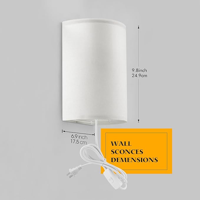 Plug in Wall Sconce, 3 Color, Set of Two, Industrial Wall Lamp with Plug in Cord, Rustic Fixture, On/Off Switch Vintage Wall Light Fixture for Headboard Bedroom Porch (White)