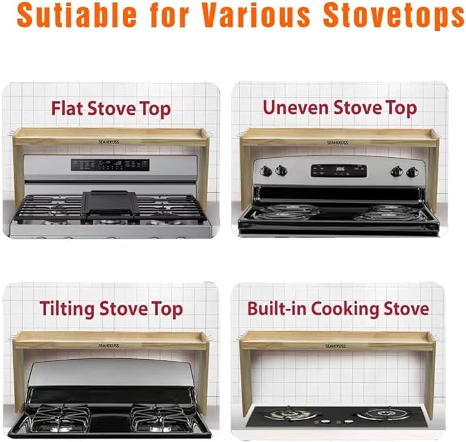 Bamboo Over the Stove Spice Shelf for Kitchen Storage, 31.5" Spice Rack Organizer Stove Top Shelf with 6 hooks, 11.4" Height Extra Oven Back Sink Countertop, Easy to Assemble