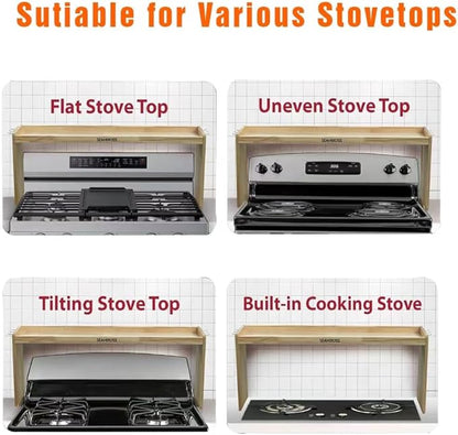 Bamboo Over the Stove Spice Shelf for Kitchen Storage, 31.5" Spice Rack Organizer Stove Top Shelf with 6 hooks, 11.4" Height Extra Oven Back Sink Countertop, Easy to Assemble