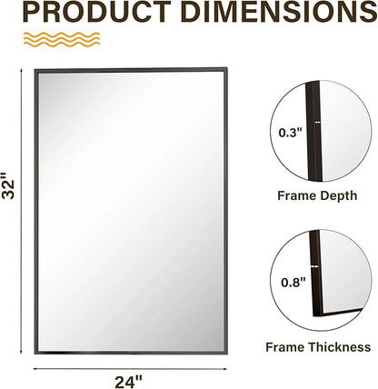 HARRITPURE 24"x32" Framed Bathroom Mirror for Wall Rectangle Mirror Aluminum Alloy Frame Wall-Mounted for Farmhouse Entryway Bedroom Living Room Black