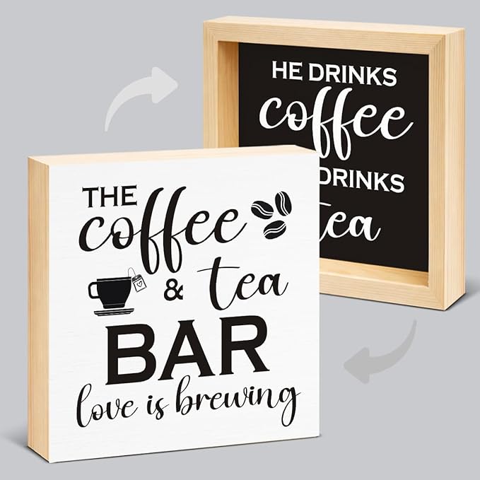 Funny Coffee and Tea Bar Decor - Coffee Lover Gift Ideas for He She - Double-sided Wood Box Sign for Home Kitchen Farmhouse Office Desk Shelf Decor