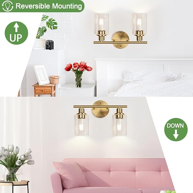 2-Light Bathroom Light Fixtures, Brushed Gold Vanity Light, Modern Vanity Lights with Clear Glass Shade, Bathroom Wall Lamp for Mirror Kitchen Living Room Hallway Cabinet Porch